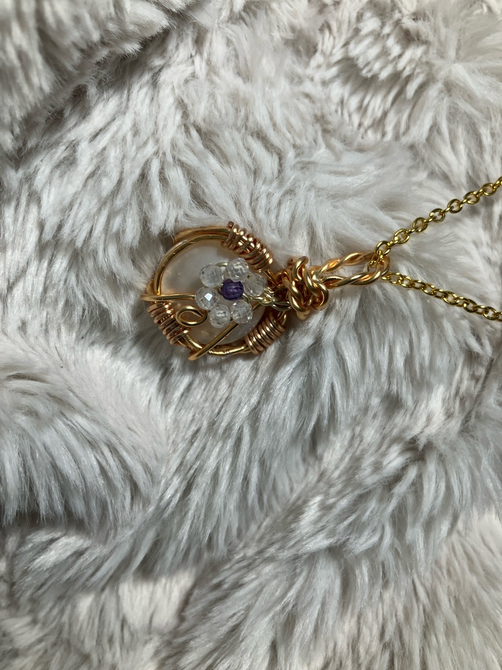 Gold Wire-Wrapped White Mother of Pearl Pendant Necklace with Amethyst and CZ
